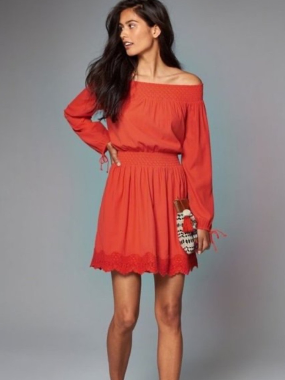 Abercrombie & Fitch Off-Shoulder Orange  Smocked Waist Long Sleeve Mini Dress